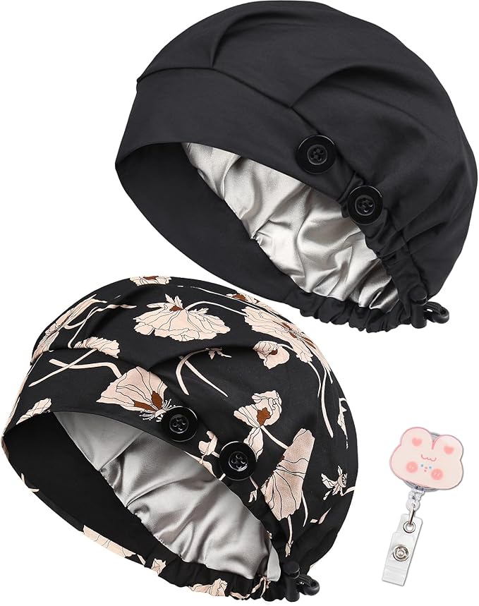 2 Pack Satin Lined Bouffant Scrub Caps with Buttons, Adjustable Scrub Caps for Women Men