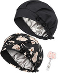 2 Pack Satin Lined Bouffant Scrub Caps with Buttons, Adjustable Scrub Caps for Women Men