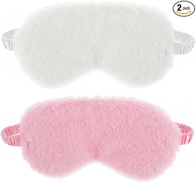 2 Pcs Plush Fluffy Eye Mask Soft Sleeping Blindfold Eye Cover Comfortable Furry Faux Fur Sleeping Mask Satin Nap Night Eyeshade Cover for Women Men Gift (White, Pink)