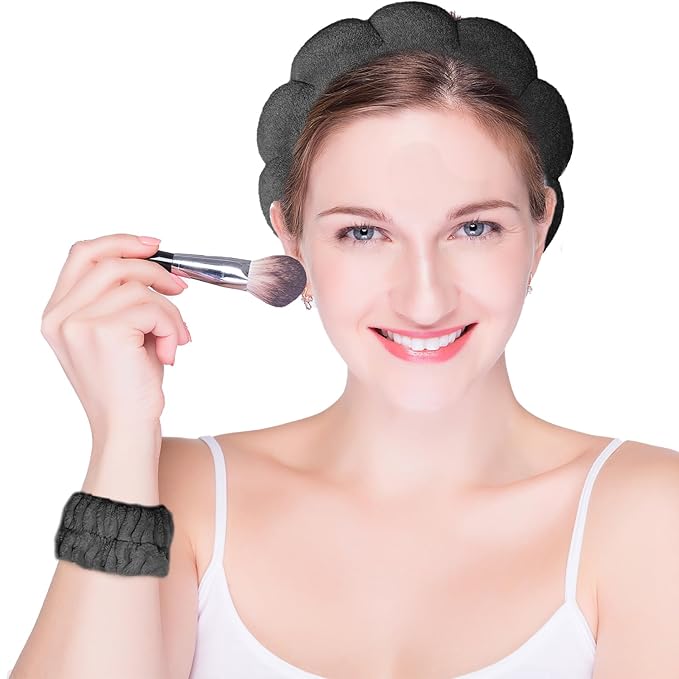 Beleki Spa Headband for Washing Face, Sponge Makeup Skincare Headband & Wristband Set Non Slip Headbands Soft Puffy Headwear Hair Accessories for Women Girls, Black