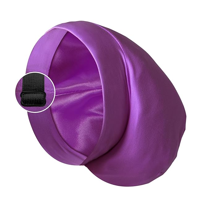Satin Bonnet Silk Lined Sleep Cap- Adjustable Hair Cover for Women Men Frizzy Hair Night Cap Patients Care Purple