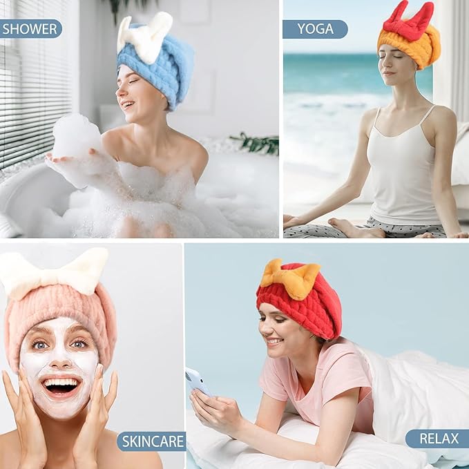 4Pcs Microfiber Hair Drying Cap,Ultra Absorbent Hair Towel Wrap Turban for Girls Women Soft Quick Dry Hair Towels with Bow Tie Shower Cap for Kids (Mixed Colors)