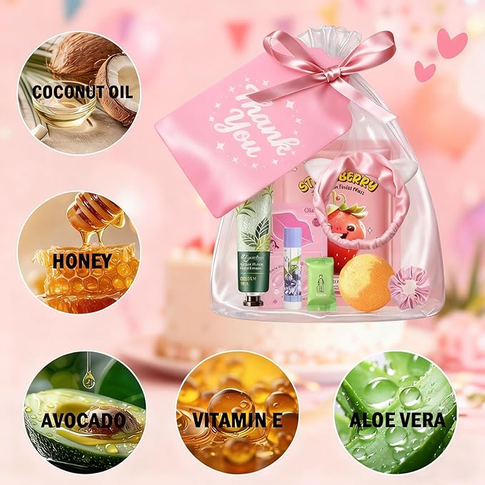 55PCS Spa Party Supplies for Girls, Spa Party Favors Face Masks, Hand Cream, Lip Balm, Lip Mask, Under Eye Patches, Foot Bath Bombs, Spa Birthday Sleepover Party Supplies for Women, Mothers Day Gifts