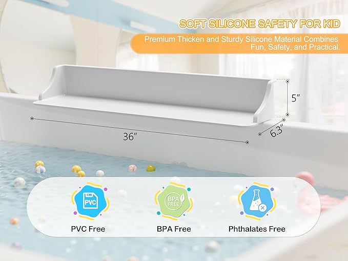 Cushore 3-Ft Bathtub Splash Guard PlayPad with Strong Suction Cups, Toy Tray Caddy Holder Storage, No-Leak, Mess-Free Bath Time for Kids, White