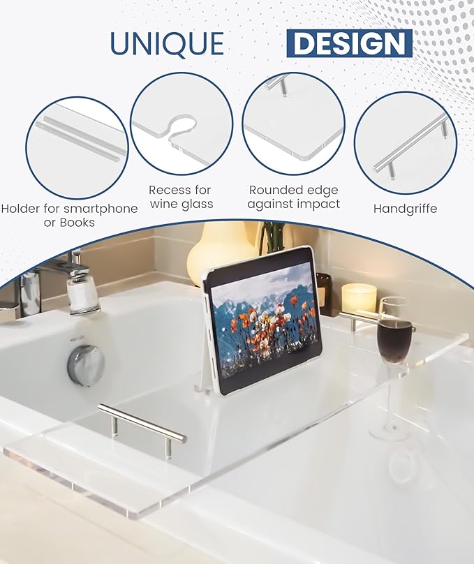Acrylic Bathtub Tray Clear Bathtub Caddy Bath Tray Table for Tub Luxury Spa with Book and Wine Glass Holder Bathroom Accessories for Bathroom Decoration, Transparent 39.3inch