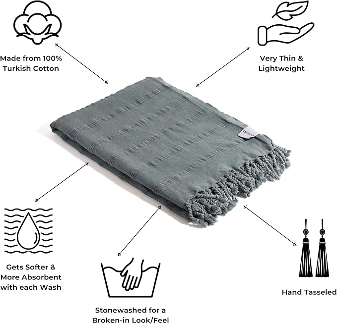 InfuseZen Stonewashed Turkish Bath & Beach Towel –100% Organic Turkish Cotton - Soft, Lightweight, Absorbent - Quick Dry, Sand Free - Swim, Pool, Shower, Travel - Peshtemal, Hammam Spa Towel - Denim