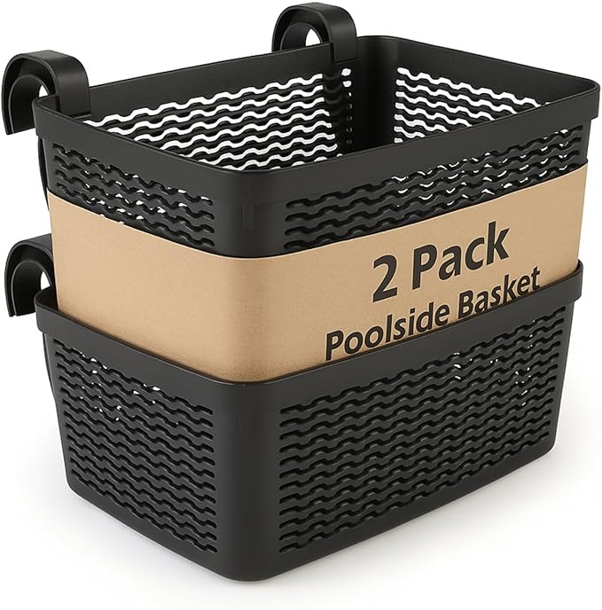 2 Packs XL Poolside Storage Basket – All in One Swimming Pool Organizer – Made in Europe – Ideal for Above Ground Pools & Patio Accessories (Black)