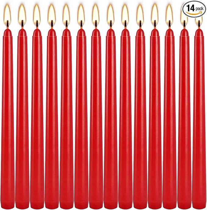 WPONSZU 14 Pack Tall Red Taper Candles 10 Inch Unscented Dripless Candlesticks for Christmas,Valentine's Day,Dinner,Party,Brithday,Wedding and Home Decoration - 8 Hour Burn Time.