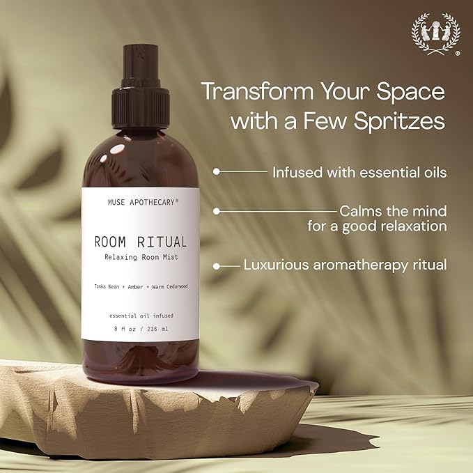 Muse Apothecary Room Ritual - Aromatic and Relaxing Room Mist, Infused with Natural Essential Oils - 8oz, Tonka Bean + Amber + Warm Cedarwood