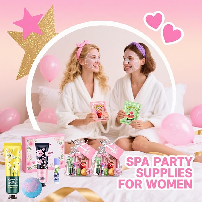 55PCS Spa Party Supplies for Girls, Spa Party Favors Face Masks, Hand Cream, Lip Balm, Lip Mask, Under Eye Patches, Foot Bath Bombs, Spa Birthday Sleepover Party Supplies for Women, Mothers Day Gifts