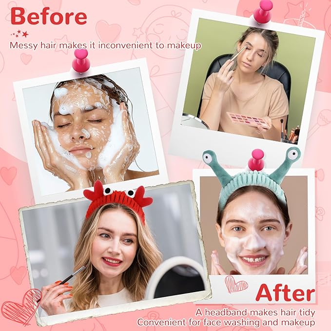 WLLHYF 3 Pack Spa Headband Face Wash Hairband Facial Makeup Head Wraps Cartoon Elastic Head Band Cute Frog Snail Crab Shower Headband Creative Hair Accessories for Beauty Skincare Sports