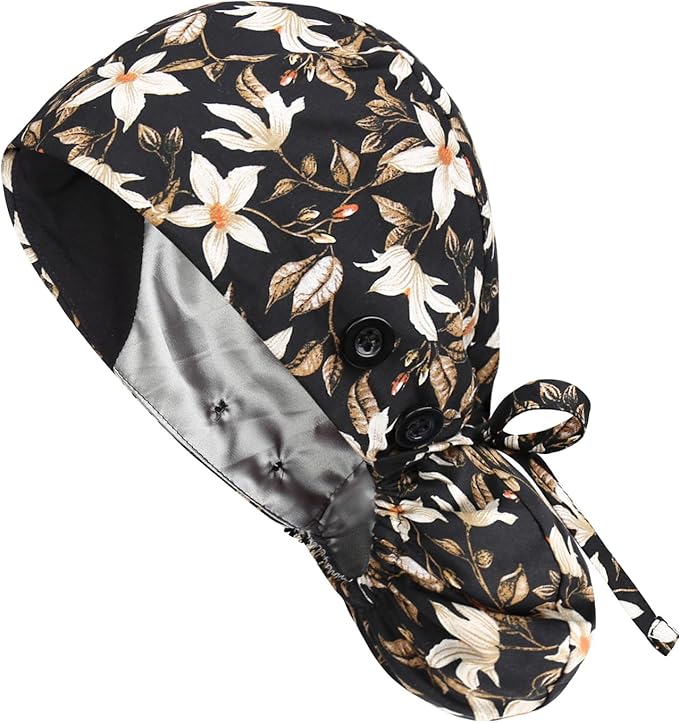 Satin Lined Scrub Caps with Buttons & Sweathand, Surgical Caps for Women