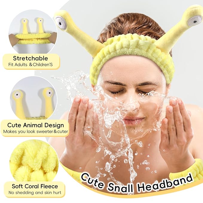Face Wash Headband, Skincare Wrist Bands for Washing Face Set Spa Hair Bands Gift for Women Girls with a Hair Scrunchie, Cute Yellow snail tentacle Elastic Headband, for Face Washing Makeup Skincare