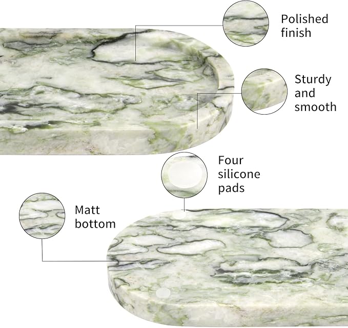 Natural Marble Tray Oval, Bathroom Vanity Tray for Countertop, Elegant Stone Decorative Organizer for Perfume, Jewelry, Home Decor (1, Green Emerald, 10 x 5 x 0.6)