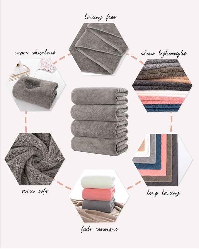 Lumimi Towels 4 Pack Microfiber Bath Towel Set Very Soft Lightweight Quick Dry Super Absorbent and Durable Salon Gym Yoga Travel, 55" L x 27" W, 4 Piece Elegant Grey Brown
