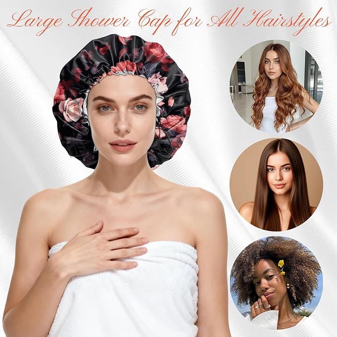 Shower Cap Reusable Double Layer Adjustable Elastic Waterproof EVA Hair Bath Caps for Women Girls Cute Aesthetic-Rose