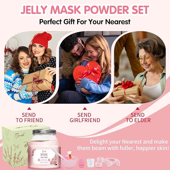 Pjordo Jelly Masks for Facials Professional, Bulgarian Rose Hydrating & Moisturizing Jelly Mask Powder with Mixing Bowl Set, Peel-Off Hydrojelly Face Mask Skincare, Spa Use for All Skin