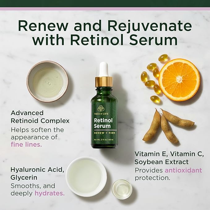 Tree of Life Beauty Retinol Serum, Skin Smoothing Face Oil for Dark and Age Spots and Fine Lines, Facial Serums for Dry and Sensitive Skin Care with Hyaluronic Acid for Soft Smooth Skin, 2 Fl Oz