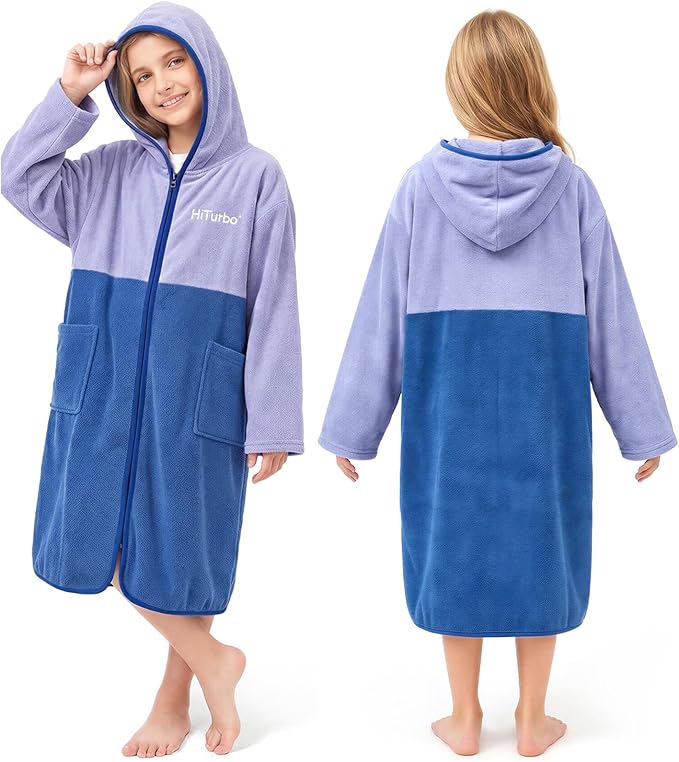 Hiturbo Kids Bath Towel Hoodie: Zipper Surf Poncho Long Sleeve Quick Dry - Absorbent Changing Towels Swimming Outerwear for Beach Pool - Purple/Blue