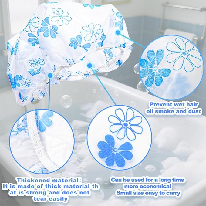 18 Pack Shower Caps for Women,Waterproof Reusable & Disposable Adjustable Bath Caps For Spa Long Hair Travel Saunas (Blue Flowers)