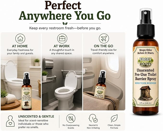 Unscented Pre-Poop Toilet Spray – Stops Odor Before It Starts, Bathroom Odor Eliminator for Toilet, 4 oz (200+ Uses) Travel, Home & Work