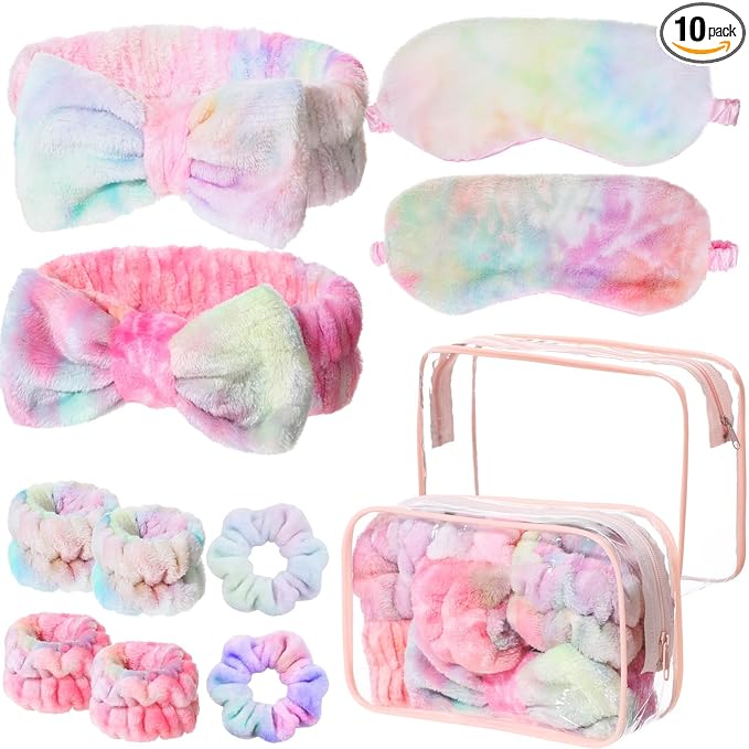 Hoteam 10 Pcs Spa Party Supplies Gift for Mother's Day Sleepover Party Favor Spa Headband Wristband Sleep Eye Mask Velvet Scrunchies for Skin Care Makeup Slumber Night Favor(Tie Dye Rainbow)