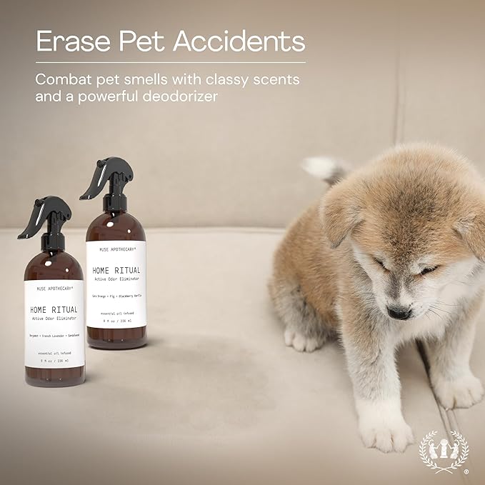 Muse Apothecary Home Ritual Active Odor Eliminator Spray - Furniture Deodorizer Spray & Bathroom Odor Eliminator for Home - Essential Oil Air Freshener - 4oz, Tonka Bean + Amber + Warm Cedarwood