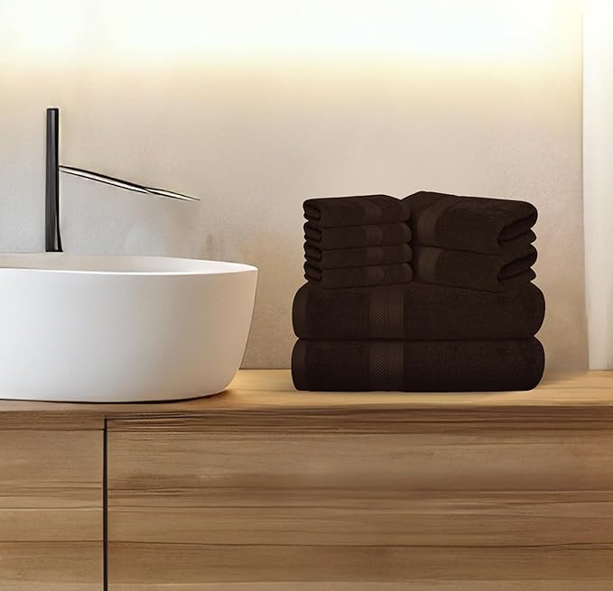 Avalon Towels Luxury 8 Piece Chocolate Towels Set, 2 Bath Towels, 2 Hand Towels and 4 Washcloths, 600 GSM 100% Ring Spun Cotton Highly Absorbent Chocolate Bathroom Towels, Ideal for Hotel, Spa and Gym