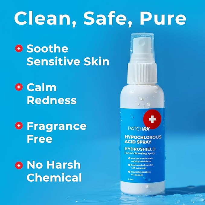 PatchRx Hypochlorous Acid Spray for Face (8oz, Reduces Acne), Targets Bacteria - HOCL Facial Cleanser Acne Spray for Face, Body, Eczema, Pimples, Breakouts & Overall Skin Recovery (Reduces Redness)