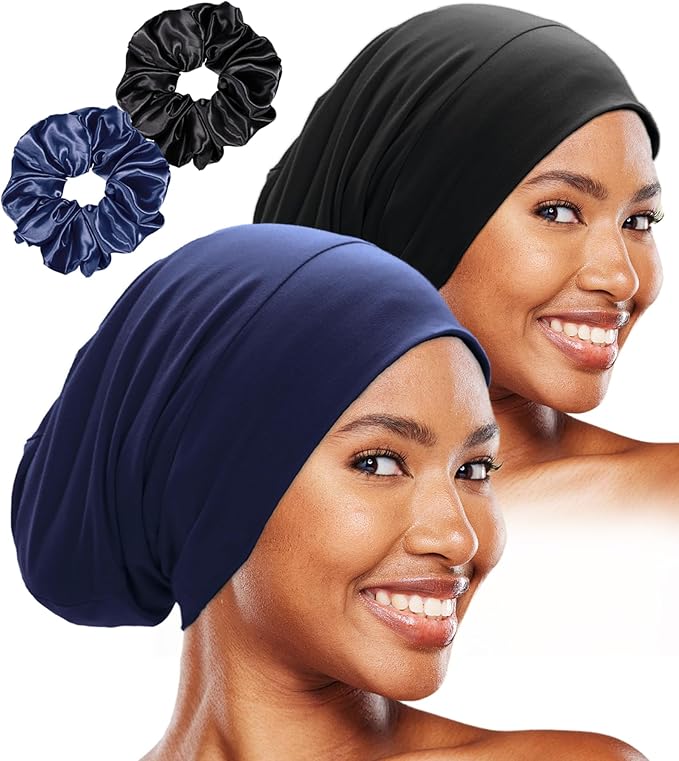 Sleep Cap Bonnet for Sleeping Black Women, Adjustable Cooling Ice Silk Lined Bonnet for Curly Braids Hair Cover Beanie Hat