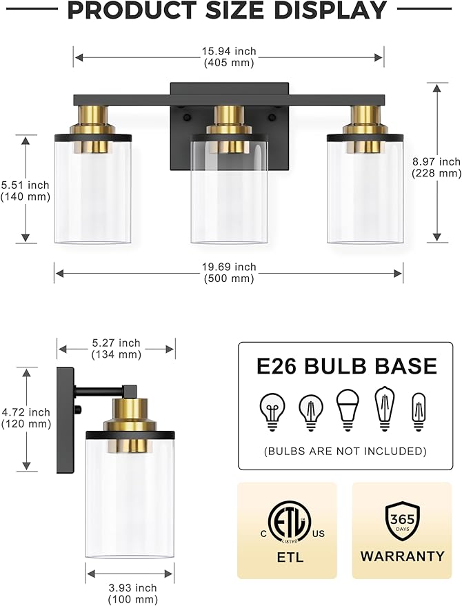 L LOHAS LED 3-Light Black and Gold Bathroom Light Fixtures, 20 Inch Modern Vanity Lights Over Mirror with Clear Glass Shade, Vanity Lights for Bathroom, ETL Listed