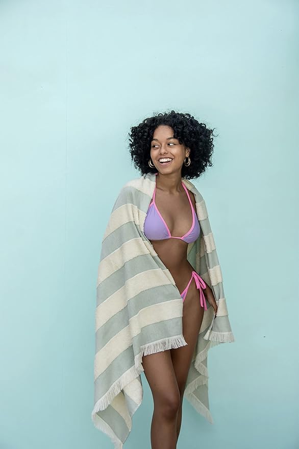 Lightweight Turkish Beach Towel - 100% BCI Cotton, Unbleached Raw Fringe, Oeko-TEX Certified, Absorbent, Eco-Friendly, 36x66”, Sea Green & Natural Stripes, Portable Sarong Blanket for Pool, Travel