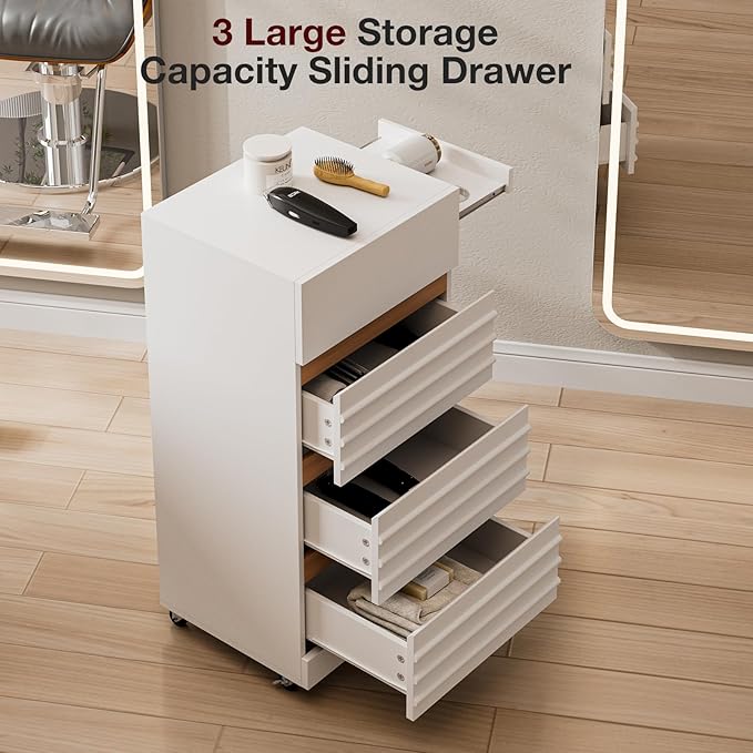 Salon Trolley Cart with Lockable Wheels, Rolling Hair Cart with 3 Dryer Holders for Hair Stylist, Wall Mount Makeup Organizer Stations Cabinet for Beauty Spa Barbershop Tattoo(White)
