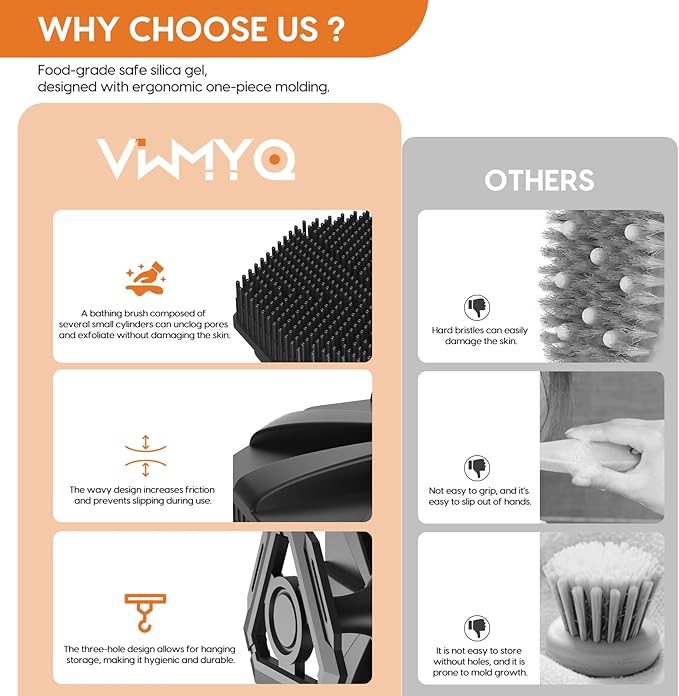 Silicone Body Scrubber, Non-Slip Handheld Cleansing Brush, Rich Foam, Deep Exfoliation, Brightening Skin, Comfortable Massage, for All Skin Types, Men and Women (Black)