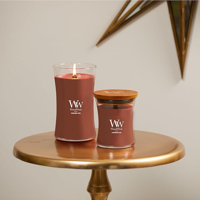 WoodWick Cinnamon Chai Holiday Candle Gifts for Women and Men,9.7 oz Medium Hourglass Candle with Crackling Wick,(Pack of 4)