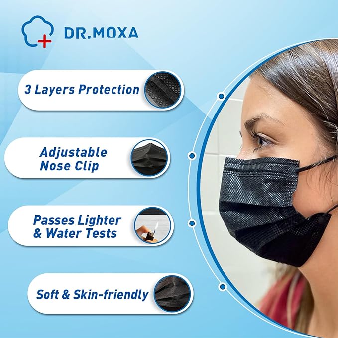 500Pcs Black Medical Disposable Face Mask(5 Boxes, 100pcs/Box) 3-Ply Protection
