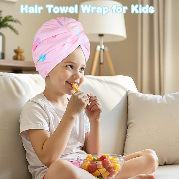 FIOBEE Microfiber Hair Towel Wrap for Kid Rapid Drying Towel Absorbent Hair Turbans for Wet Hair with Button Women Girls Long Curly Hair Pack of 2, Teal/Pink Ice Cream