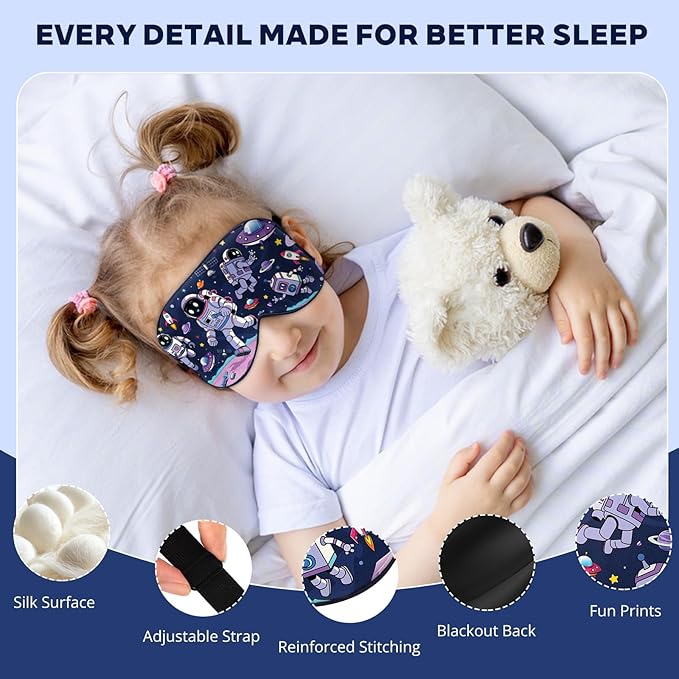 Kids Silk Sleep Mask: 100% Mulberry Silk Eye Mask with Adjustable Strap, Soft Blackout Boys Girls Sleeping Mask, Cute Printed Blindfold for Travel/School/Bed, Gift for Ages 5–15 (Alien Style)