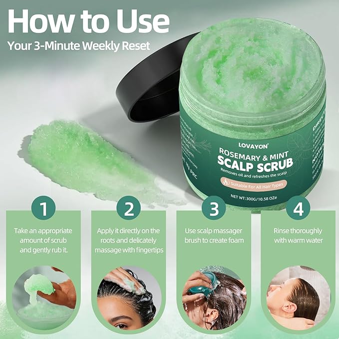 Rosemary Scalp Scrub & Exfoliator for Fuller Hair - Sea Salt & BHA Scalp Treatment with Silicone Massager Brush - Deep Cleanser for Oily Roots, 10.58oz