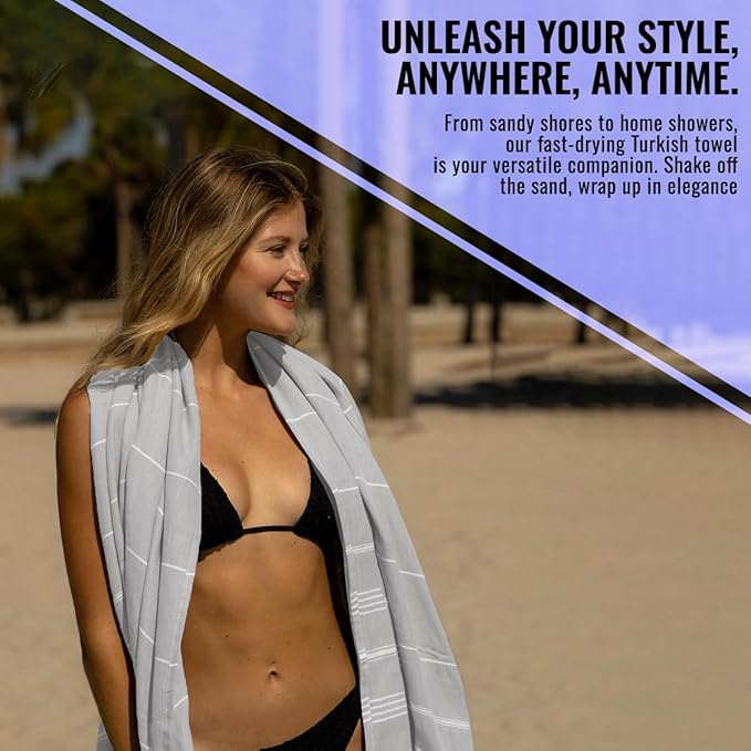 Beach Towel 100% Cotton Turkish Beach Towel Adult 38x70 Inch Pre-washed Absorbent Extra Large|Sand Free Quick Dry BathTowels|Lightweight Blanket|Travel Cruise Camping Spa Gym Yoga Towel|Dapple Grey