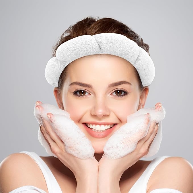 CAVETEE Spa Headband for Face Washing - Terry Cloth Puffy Makeup Headband Set of 2 (Beige & White, one size)