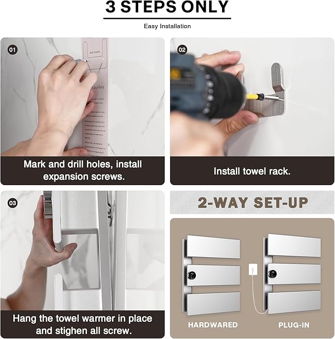 K&KALONZO Electric Towel Warmer, 18.35" W x 22.8" H Wall-Mounted Towel Heater with Built-in Timer, Waterproof Aluminum Towel Warmer for Bathroom, Support Plug-in and Hardwired, Silver, K3-L-S