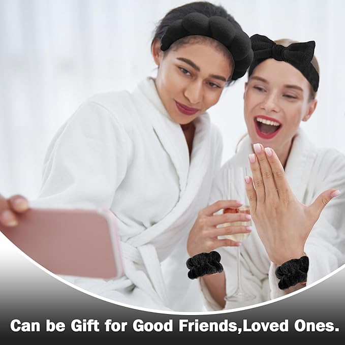 Zkptops 6Pcs Spa Headband for Washing Face Wristbands Set Women Bubble Makeup Sponge Terry Cloth Padded Puffy Skincare Headband Bow Tie Hairband Cute Non Slip Thick Hair Accessory Gifts(Black)