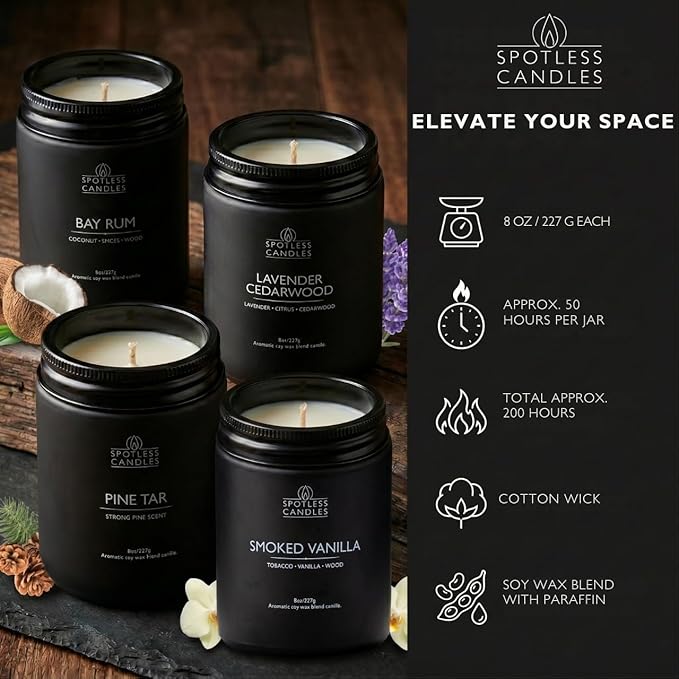 Scented Candles for Men - Soy Candles in Gift Box & Protective Shipper - Men Candle Set x 4 - Cedarwood & Lavender/Bay Rum/Pine Tar/Smoke & Vanilla - Spotless Leopard