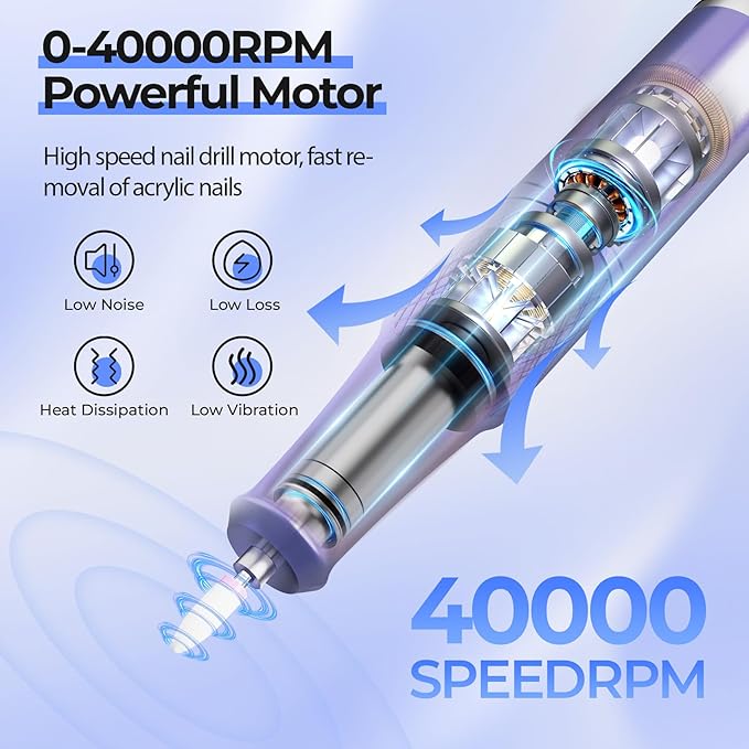 JOSGLOI Electric Nail Drill Professional: Shiny 40000RPM Electric Nail File Kit E File Nail Drill Machine with LCD Display for Acrylic Gel, Manicure Pedicure Polishing Grinder for Salon Home, Diamond