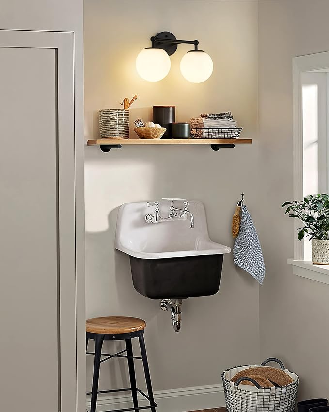 AKEZON 2-Light Black Bathroom Vanity Light Fixture, Modern Minimalist Vanity Lights with Milky White Glass Globe Shade, Wall Sconce Over Mirror Lighting for Bathroom Dressing Table Bedroom Living Room