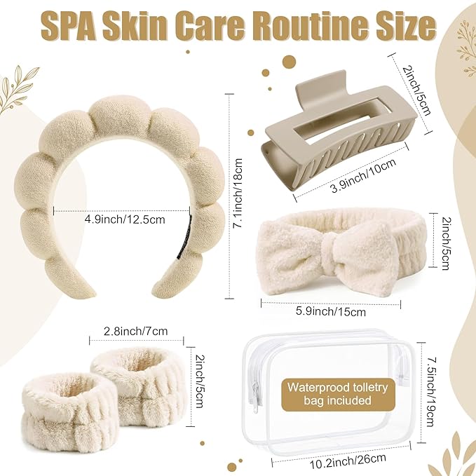 SPA Headbands and Wristband Set for Face Washing with Clear Bag Cute Skincare Makeup Headband Wrist Bands Hair Clips for Women Teenage Girls Gifts Trendy Stuff Khaki