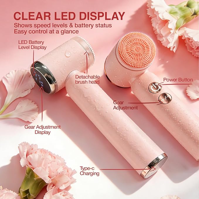 Electric Face Scrubber with Led Display & Facial Cleansing Brush - 6-in-1 Exfoliating Kit, 3 Speeds, IPX6 Waterproof Face Brush for Deep Cleaning, Massage & Gentle Exfoliation-Pink