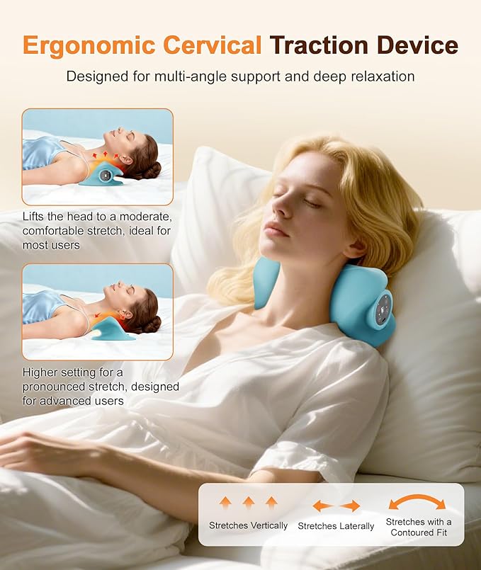 Ringco Neck Massager with Heat & Vibration 3 Level Adjustable, Heated Neck Stretcher with 6 Modes, Rechargeable Cervical Traction Device for Pain Relief & Muscle Relaxation, Gift for Women Men
