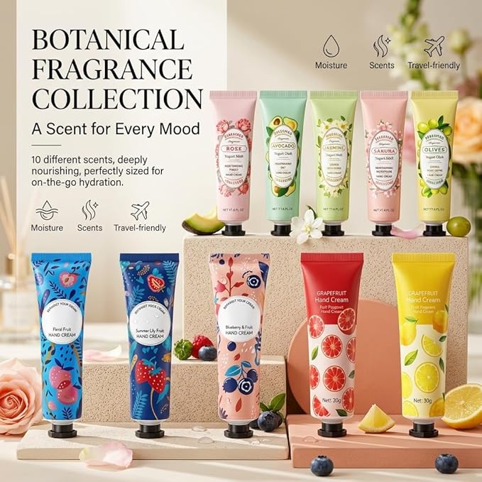 10 Pack Hand Cream for Dry Cracked Hands, Birthday Gifts for Women, Bridesmaid Gifts, Thank You Gifts, Teacher Appreciation Gifts, Natural Plant Fragrance Mini Hand Lotion Moisturizing Hand Care Cream
